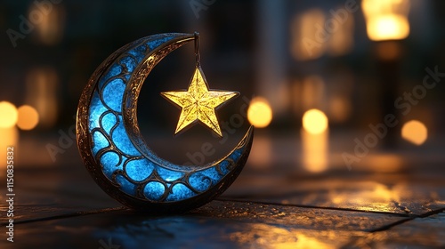 A Eid or Ramzan Ornament with a Blue Moon and a Yellow Star.

 photo