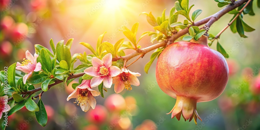 A single ripe pomegranate hangs from a branch adorned with delicate pink blossoms, bathed in the golden glow of the setting sun. A single ripe pomegranate hangs from a branch adorned with delicate pink blossoms, bathed in the golden glow of the setting sun.