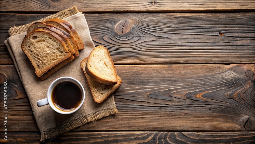 Coffee and bread slices on a rustic wooden table , coffee, bread Coffee and bread slices on a rustic wooden table , coffee, bread