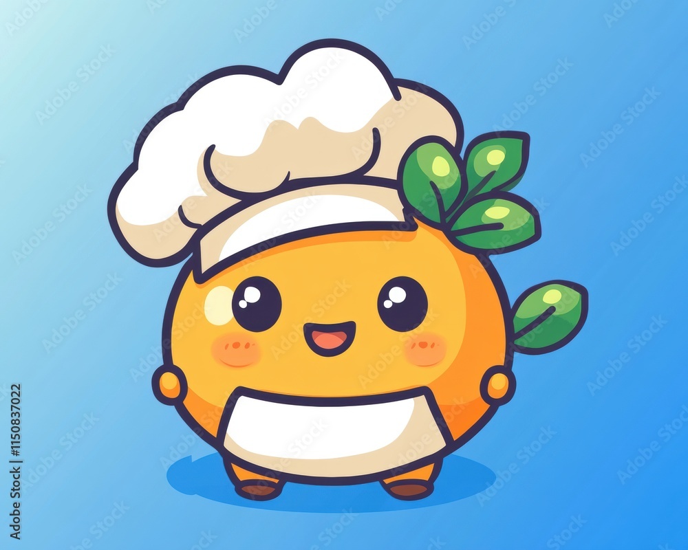 A cute orange character wearing a chef's hat, smiling and holding leaves. A cute orange character wearing a chef's hat, smiling and holding leaves.
