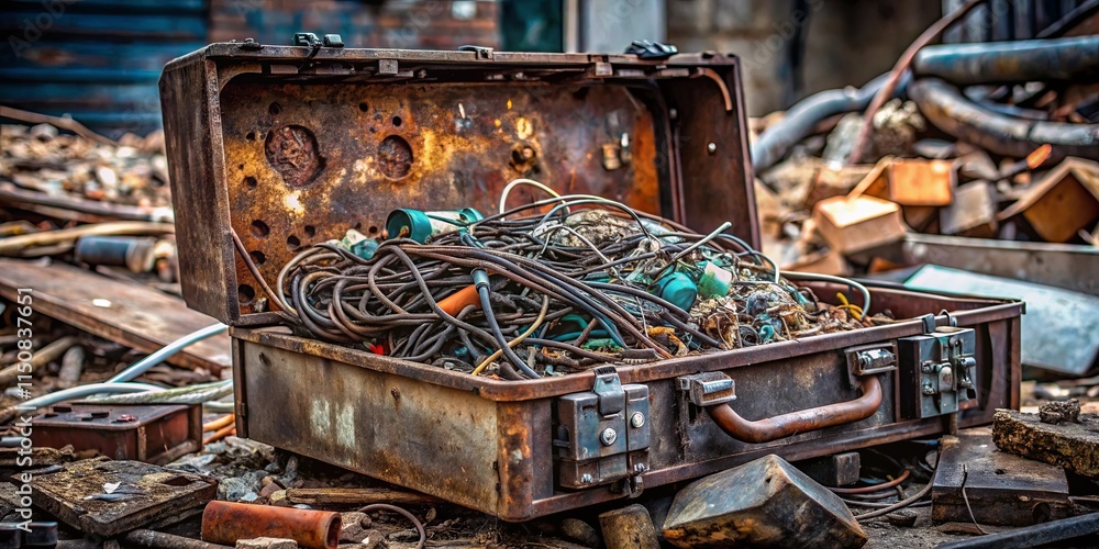 A weathered metal suitcase filled with tangled wires and other discarded objects, a testament to time and neglect, rests amidst a pile of debris. A weathered metal suitcase filled with tangled wires and other discarded objects, a testament to time and neglect, rests amidst a pile of debris.