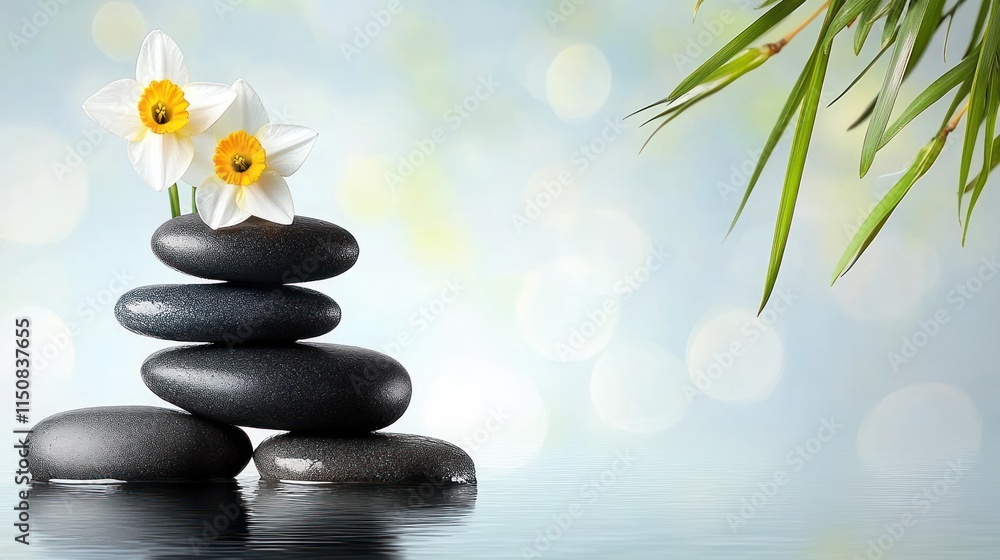 Obraz premium Tranquil Waterside Scene with Stones, Bamboo, and Narcissus Flower