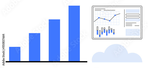 Bar chart with four ascending bars in blue, analytics dashboard showing various data graphs and charts, cloud icon. Ideal for business analytics, data presentation, marketing strategy, financial