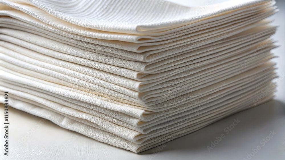A stack of crisp, white, folded cloth napkins, carefully arranged and ready for use, their smooth texture inviting touch and their simple elegance adding refinement to any setting. A stack of crisp, white, folded cloth napkins, carefully arranged and ready for use, their smooth texture inviting touch and their simple elegance adding refinement to any setting.