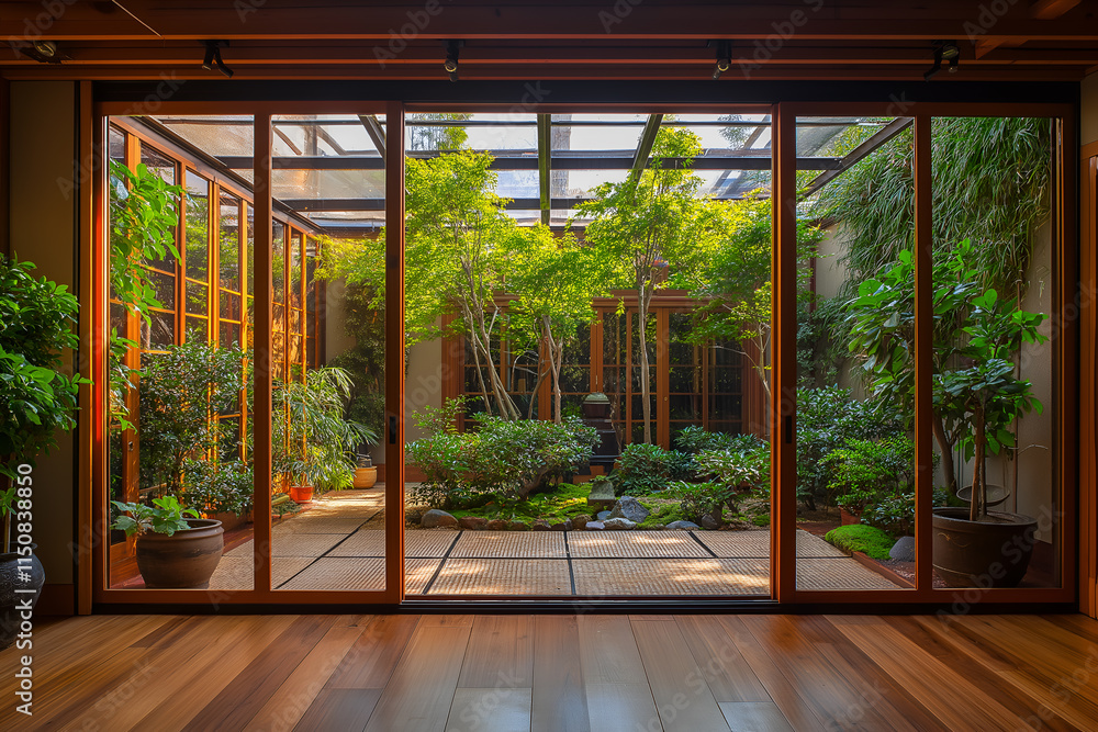 Obraz premium Japanese inspired garden room with tatami mats, sliding doors, and bonsai plants. Interior design, 3D render, Home decoration