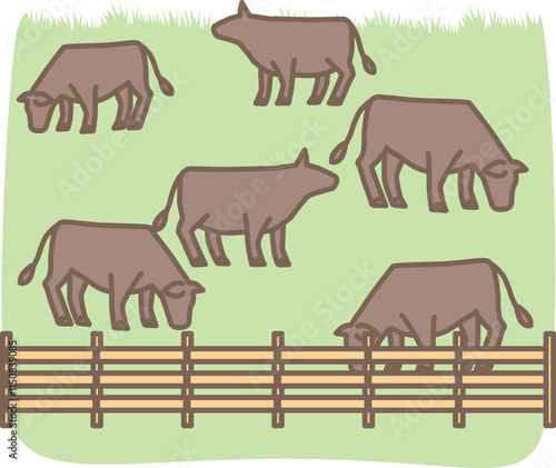 牛を放牧している牧場の風景のベクターイラスト