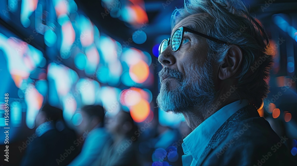 Contemplative Senior Man Gazing at a Wall of Bright, Colorful Data Screens Contemplative Senior Man Gazing at a Wall of Bright, Colorful Data Screens