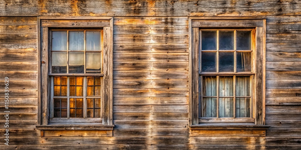 Obraz premium A weathered wooden facade adorned with two vintage windows, each framed by a deep brown border, the panes casting subtle shadows on the sun-kissed wall