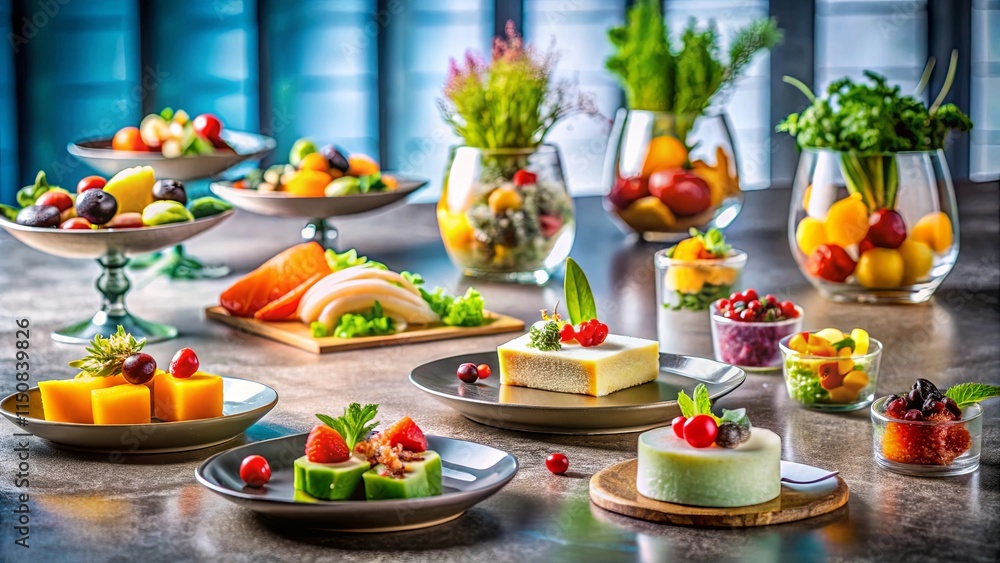 A delightful spread of colorful fruit platters, elegant desserts, and vibrant garnishes arranged on a sleek table setting. A delightful spread of colorful fruit platters, elegant desserts, and vibrant garnishes arranged on a sleek table setting.