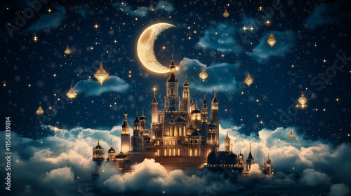 Wallpaper Mural Enchanted Castle in the Night Sky: A majestic castle, bathed in the soft glow of moonlight, sits atop fluffy clouds.  The sky is ablaze with twinkling stars, casting an ethereal spell over the scene. Torontodigital.ca