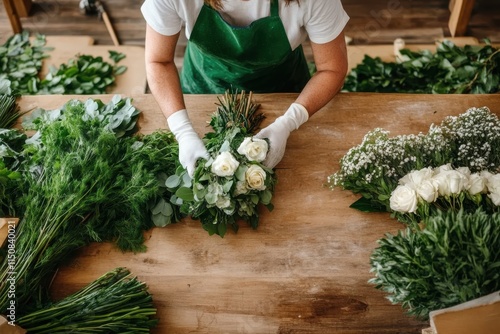 The florist wearing a green apron is meticulously crafting a bouquet with white roses on a wooden counter, amidst lush foliage and an array of vibrant flowers. photo