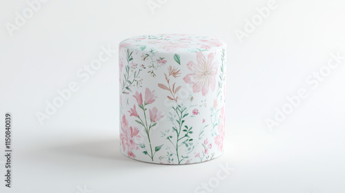 Wallpaper Mural A cylindrical object with playful pastel colors, featuring pink and mint green floral motifs with delicate white accents, set against a pure white background. The design is soft and inviting Torontodigital.ca