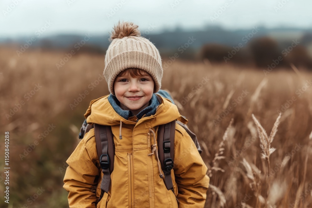 A young child with a big smile, wearing a yellow jacket and hat, explores a grassy field, embodying a sense of curiosity and adventure on a cool day. A young child with a big smile, wearing a yellow jacket and hat, explores a grassy field, embodying a sense of curiosity and adventure on a cool day.