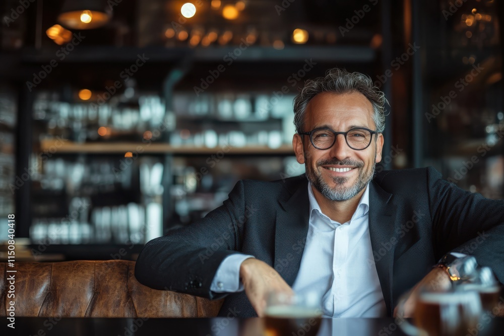 A man dressed in a suit, contentedly holds a beer in an elegant café setting, surrounded by a cozy and artistic atmosphere, basking in a relaxing ambiance. A man dressed in a suit, contentedly holds a beer in an elegant café setting, surrounded by a cozy and artistic atmosphere, basking in a relaxing ambiance.