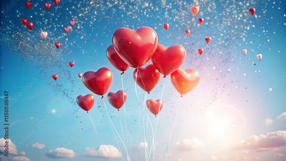 Fototapeta premium Romantic heart-shaped balloons ascend into a vibrant sky, scattered with shimmering confetti.