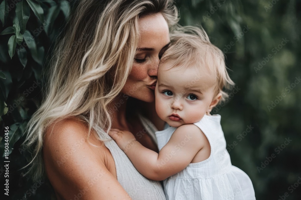 An affectionate mother kisses her baby gently, surrounded by lush greenery, capturing a tender moment filled with love and warmth between parent and child. An affectionate mother kisses her baby gently, surrounded by lush greenery, capturing a tender moment filled with love and warmth between parent and child.