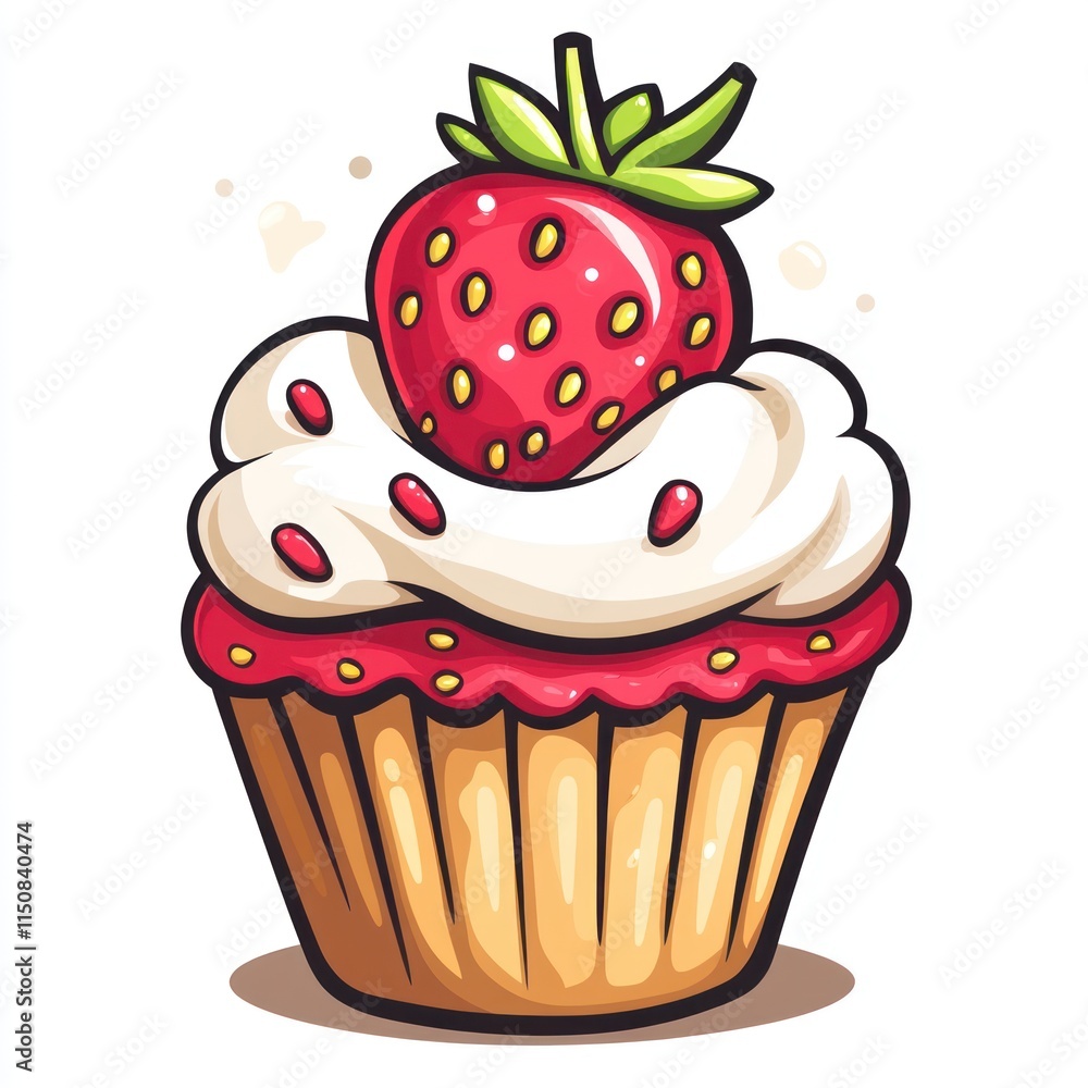 Strawberry cupcake with white icing and red topping. Strawberry cupcake with white icing and red topping.