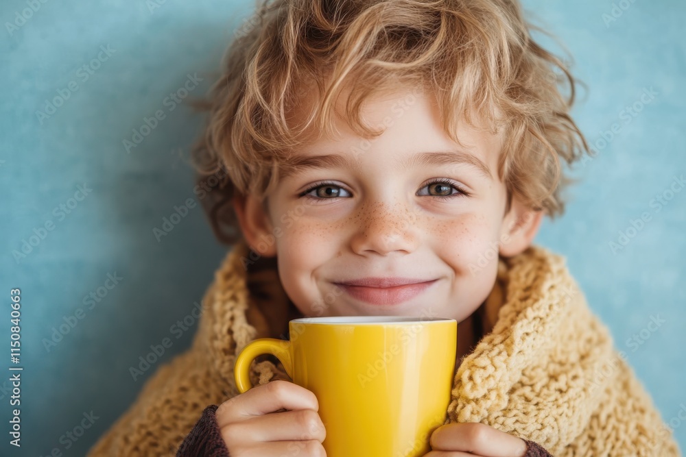 A cheerful child with wavy blonde hair holds a yellow cup against a pale blue wall, wearing a warm knitted garment, fostering a sense of warmth and comfort. A cheerful child with wavy blonde hair holds a yellow cup against a pale blue wall, wearing a warm knitted garment, fostering a sense of warmth and comfort.