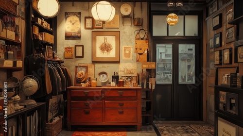 Vintage shop interior with wooden dresser, wall decor, and clothing.