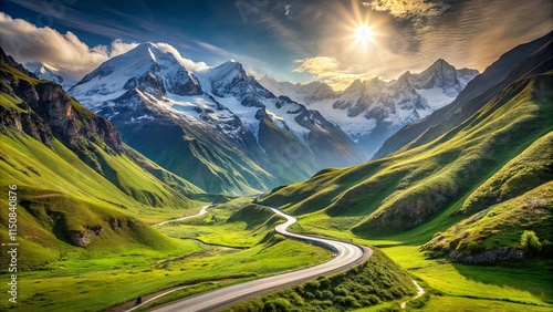 A winding road meanders through a valley carved by nature's artistry, leading to a breathtaking panorama of snow-capped peaks kissed by the golden rays of the rising sun. photo