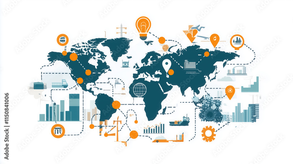 Graphic of Interconnected Nodes and Pathways on a World Map, Representing Manufacturers, Suppliers, and Distributors Collaborating Globally Graphic of Interconnected Nodes and Pathways on a World Map, Representing Manufacturers, Suppliers, and Distributors Collaborating Globally