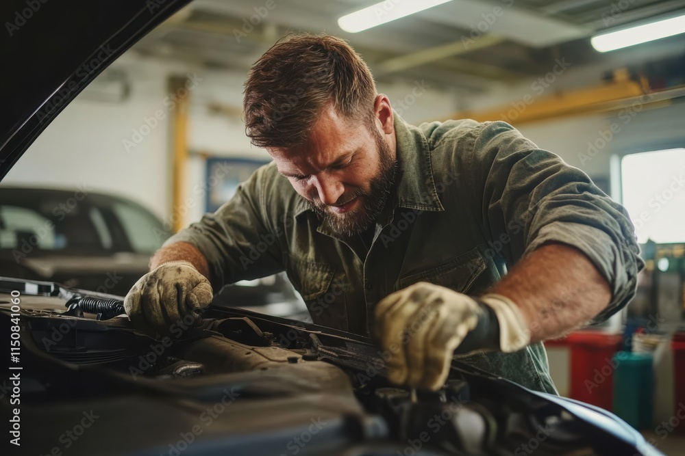 A dedicated mechanic intensely focuses on repairing a car engine, showcasing his skill and commitment in a busy garage setting. A dedicated mechanic intensely focuses on repairing a car engine, showcasing his skill and commitment in a busy garage setting.