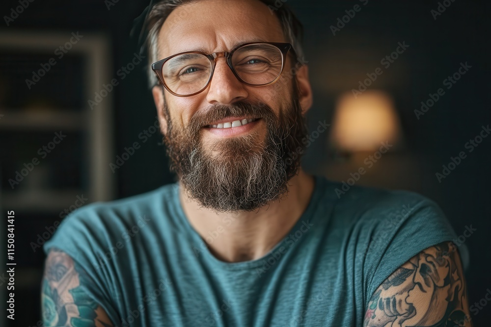 A tattooed man smiles warmly, displaying joy and approachable demeanor, set against a cozy, warmly lit room that complements his casual style. A tattooed man smiles warmly, displaying joy and approachable demeanor, set against a cozy, warmly lit room that complements his casual style.