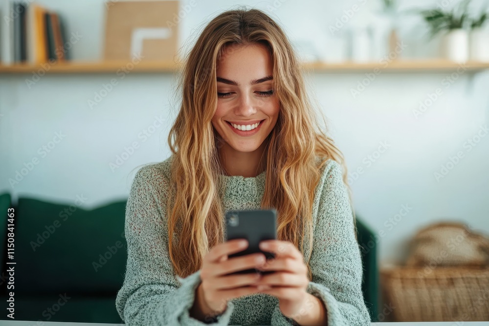 A young woman with long hair, seated on a green sofa, looks delighted as she engages with her smartphone. Decorative shelves adorn the homely background. A young woman with long hair, seated on a green sofa, looks delighted as she engages with her smartphone. Decorative shelves adorn the homely background.