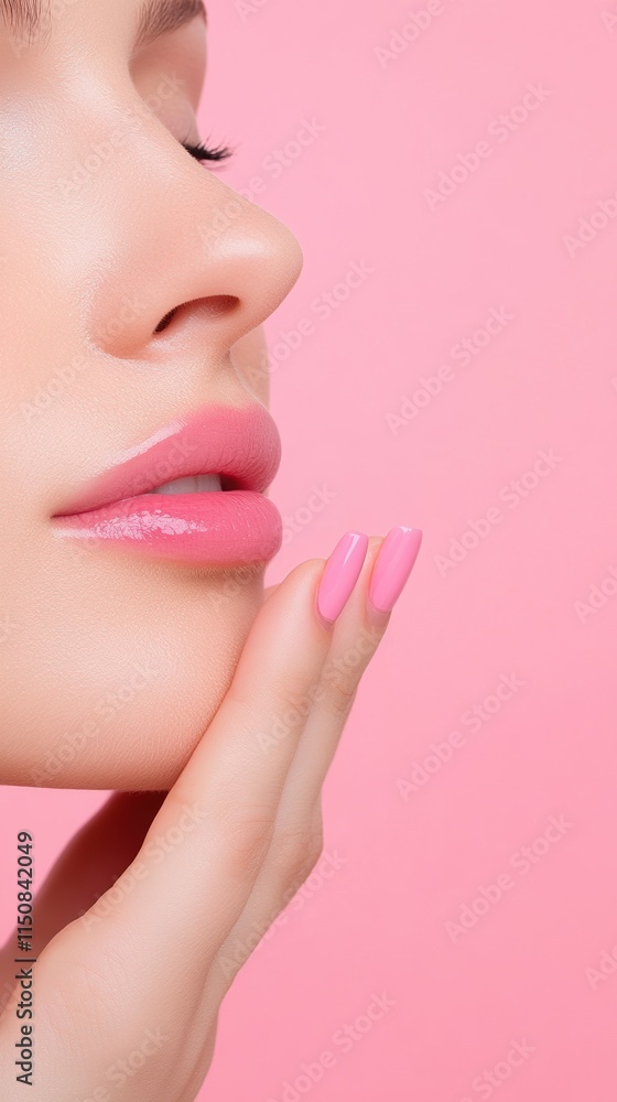 Beautiful Woman with Perfect Skin and Pink Lips Close-Up Vertical Portrait on Pink Background Beautiful Woman with Perfect Skin and Pink Lips Close-Up Vertical Portrait on Pink Background