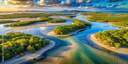 Wallpaper Mural Serene Coastal River System at Golden Hour An Aerial View of Lush Mangrove Islands and Sandy Beaches Torontodigital.ca