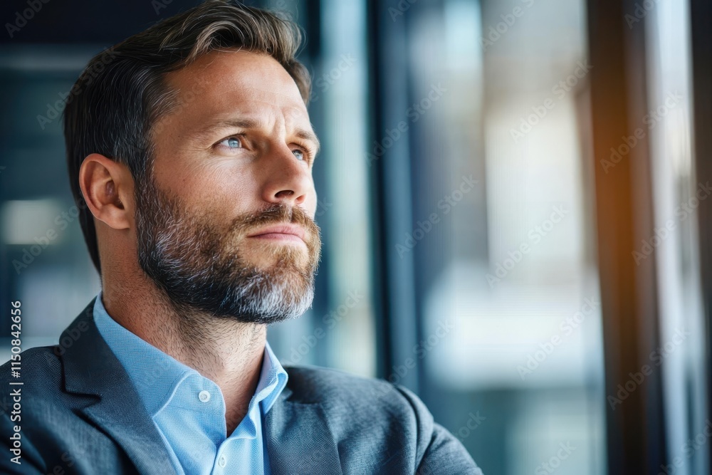 A businessman in a modern office gazes thoughtfully out the window, conveying themes of contemplation and ambition, with daylight casting a gentle glow. A businessman in a modern office gazes thoughtfully out the window, conveying themes of contemplation and ambition, with daylight casting a gentle glow.