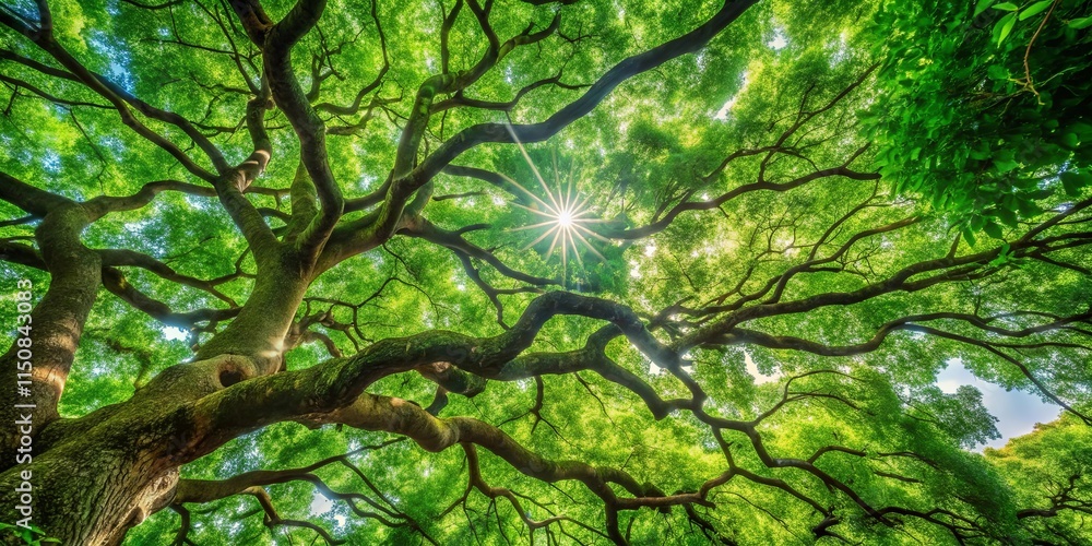 A Canopy of Green, Where Sunlight Dapples Through Twisted Branches, Creating a Serene and Tranquil Atmosphere A Canopy of Green, Where Sunlight Dapples Through Twisted Branches, Creating a Serene and Tranquil Atmosphere
