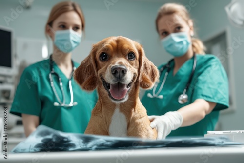 A joyful dog stands in front of two smiling, masked veterinarians in a clinic setting, focusing on professional pet care and a positive veterinary experience. photo