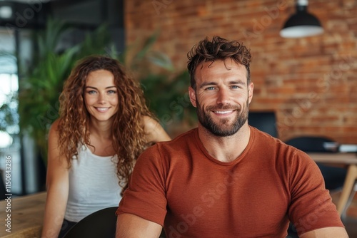 A man and woman pose confidently in a chic office setting, both radiating positivity and readiness to conquer challenges, representing modern professional success. photo