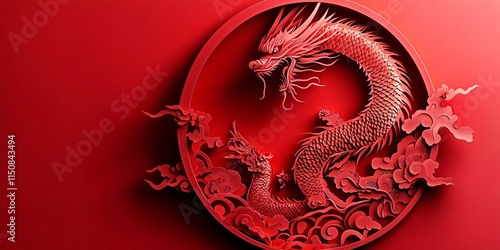 Vibrant red paper cut dragon, symbolizing strength and tradition, perfect for celebrations like Chinese New Year, invitations, and cultural events. photo