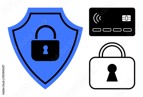 Shield with padlock, credit card icon, and standalone padlock highlight financial security. Ideal for online transactions, banking apps, cybersecurity, data protection, payment gateways, digital