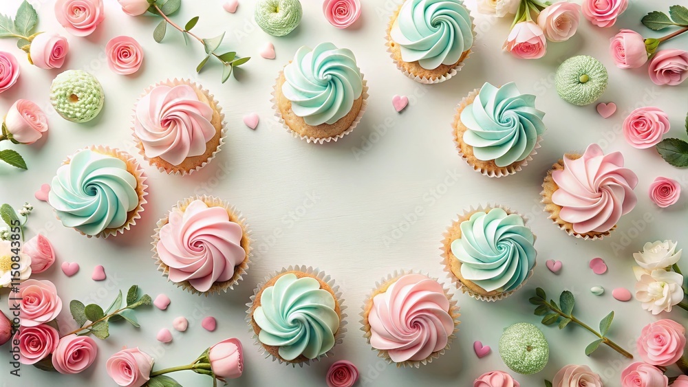 A delightful arrangement of pastel cupcakes and delicate flowers creates a charming, sweet composition. A delightful arrangement of pastel cupcakes and delicate flowers creates a charming, sweet composition.