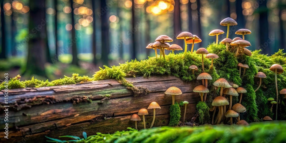 Obraz premium Golden Hour Fungi on Mossy Log in Forest