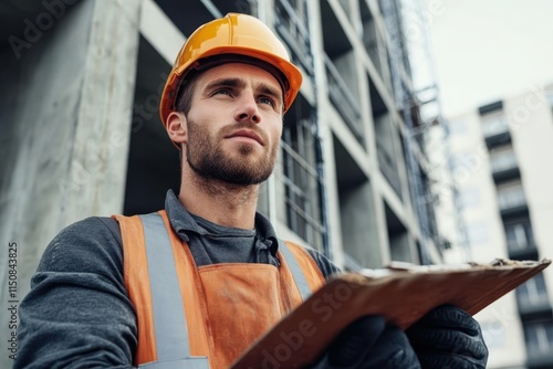 A focused construction worker in a safety helmet stands near a partially built structure, attentively reviewing documents on a clipboard under a blue sky. photo