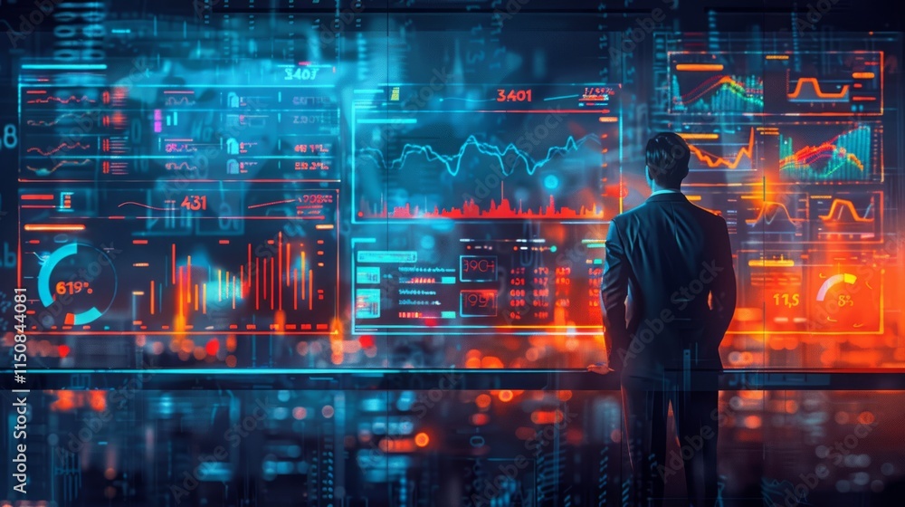 Fototapeta premium Businessman analyzing data on futuristic holographic screen.