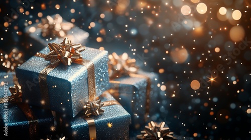 New Year card with gift boxes and gold particle background.