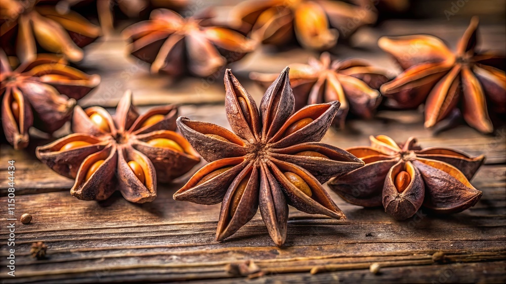 The Aromatic Star Anise Pods Rest on a Wooden Surface, Their Brown and Yellow Hues Reflecting the Warmth of the Spice The Aromatic Star Anise Pods Rest on a Wooden Surface, Their Brown and Yellow Hues Reflecting the Warmth of the Spice