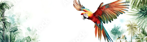 A colorful parrot flying through a lush tropical landscape, symbolizing freedom and nature's beauty. photo