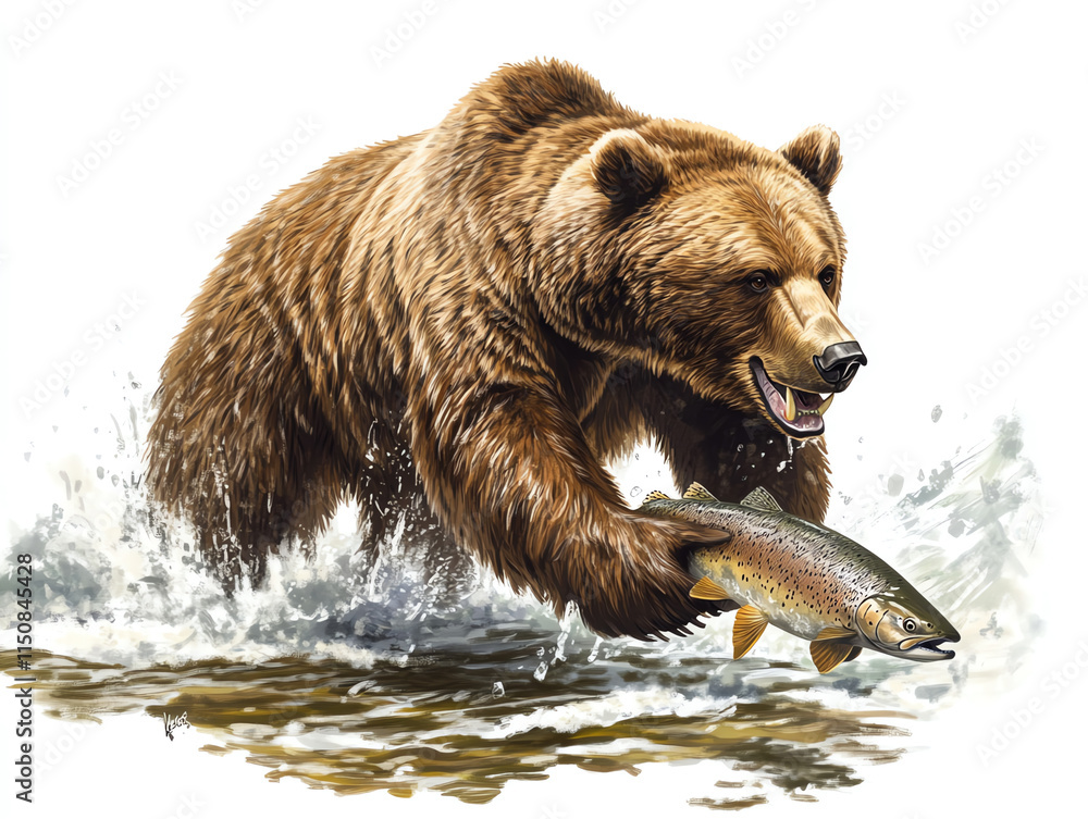 Fototapeta premium A powerful bear catches a fish in mid-leap, showcasing nature's raw beauty and survival instincts.