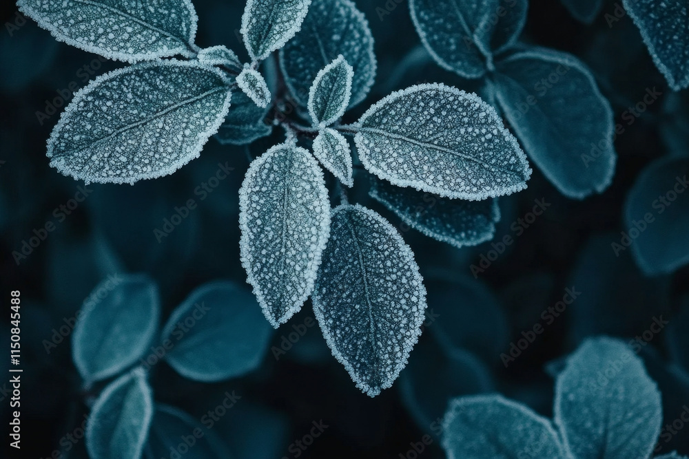 Frosted leaves create serene atmosphere, showcasing nature beauty Frosted leaves create serene atmosphere, showcasing nature beauty