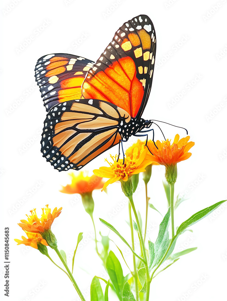 Fototapeta premium A vibrant monarch butterfly perched on bright orange marigold flowers against a white background.