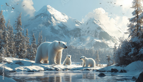 polar bear family in snowy habitat, showcasing their natural beauty and bond