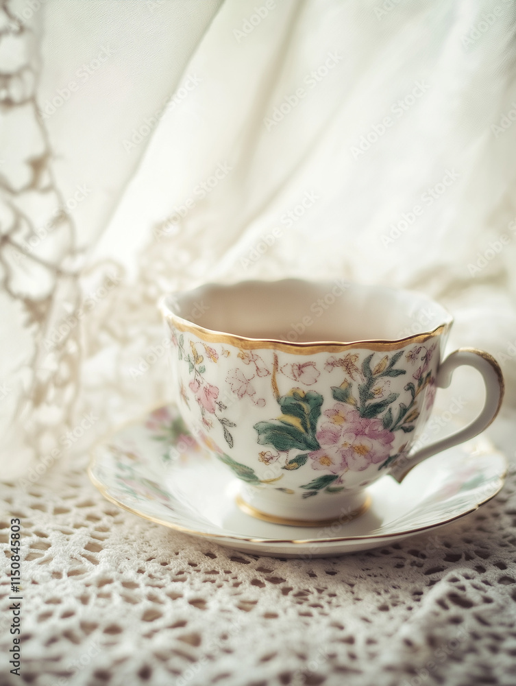 Fototapeta premium Old Teacup on Lace Tablecloth: Vintage Pastels and Faded Elegance