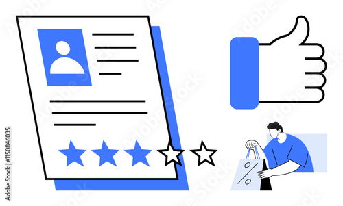 Customer review document with star rating and user profile, thumbs-up icon, shopper holding bags. Ideal for feedback systems, user reviews, customer service, e-commerce, product ratings, online