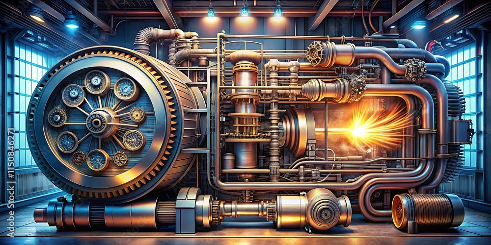An intricate, glowing, steam-powered machine with gleaming gears and a network of pipes within a futuristic, industrial space. An intricate, glowing, steam-powered machine with gleaming gears and a network of pipes within a futuristic, industrial space.